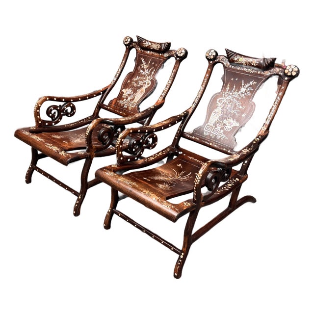 Vintage Chinoiserie Mother-of-Pearl Moon Gazing Recliner Chairs, Pair For Sale