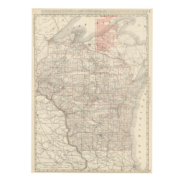Antique Map of Wisconsin The Badger State by Ran McNally, 1899 For Sale