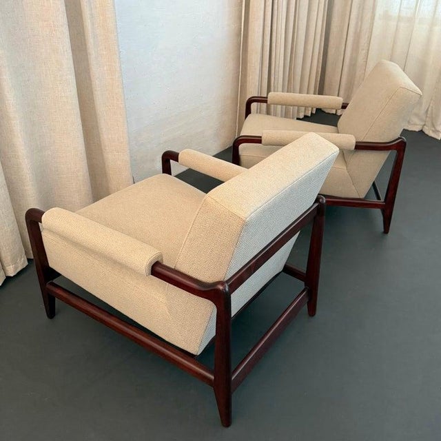 Beige 1960s Pair of Mid-Century Modern Walnut Upholstered Armchairs For Sale - Image 8 of 10