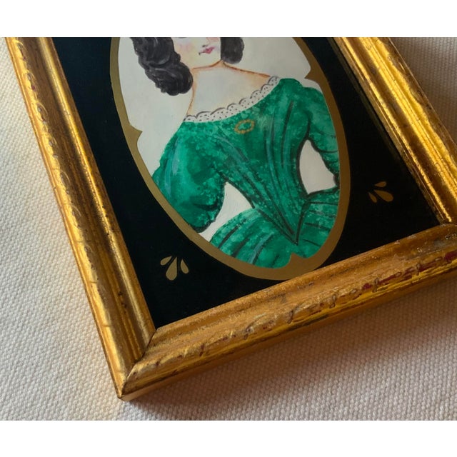 Folk Art Portrait of Lady in Emerald Green Dress - Gilded Frame For Sale - Image 15 of 15