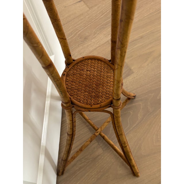 Vintage Palm Beach Style Rattan & Bamboo Two-Tiered Plant Stand For Sale In Little Rock - Image 6 of 9