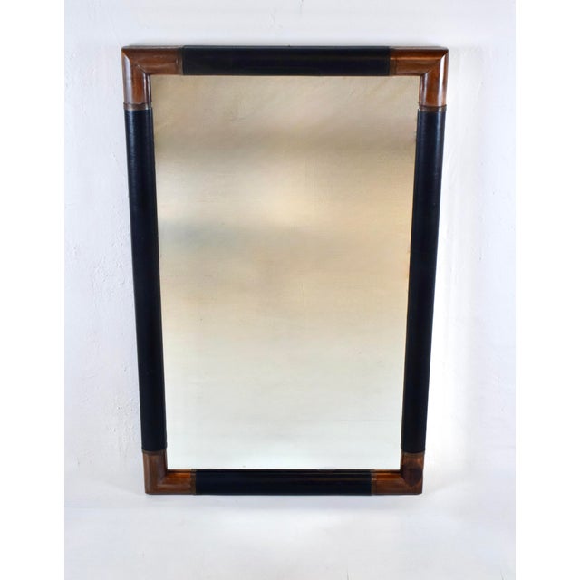 Fine Mid Century rectangular wall mirror with rich wrapped leather Heart Pine Frame and copper accents for a rustic,...