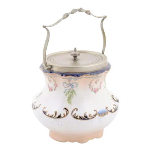 England Crescent Ware 1890s Porcelain Pot with Floral Motifs and EPNS Lid