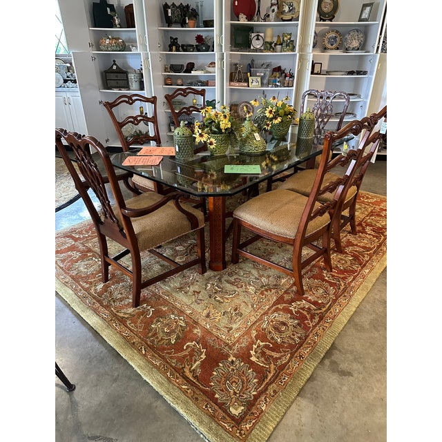 Chestnut Vintage Century Furniture Chinese Chippendale Style Fretwork Dining Table With Beveled Glass Top. For Sale - Image 8 of 11