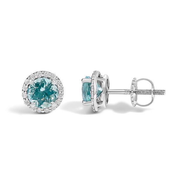 Contemporary 10K White Gold Blue Aquamarine and 1/6 Cttw Diamond Halo Stud Earring For Sale - Image 3 of 5