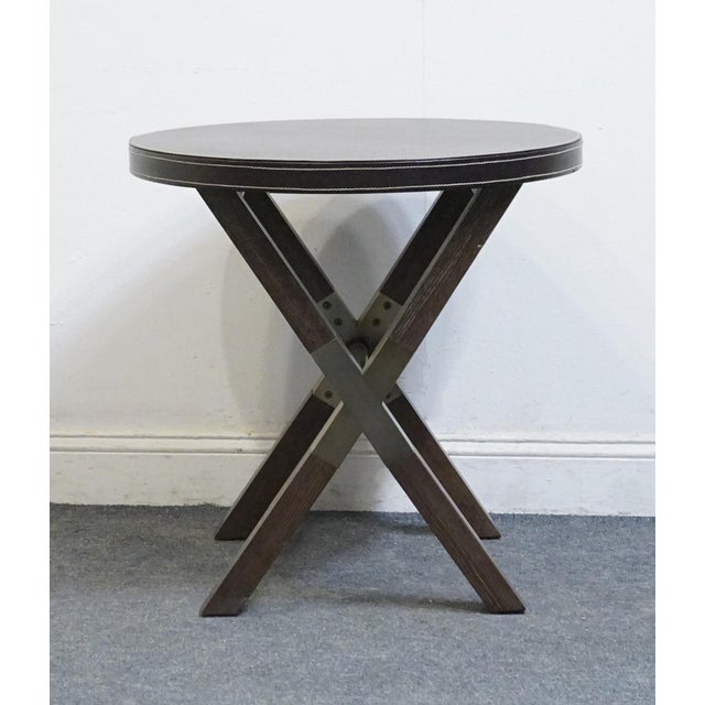Wood Bernhardt Furniture Clarendon Collection Contemporary 26" Round X-Frame Accent Table W. Leather Wrapped Top 377-125 For Sale - Image 7 of 8
