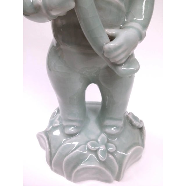 Ceramic Vintage Chinese Green Celedon Peasant Boy Statue For Sale - Image 7 of 8