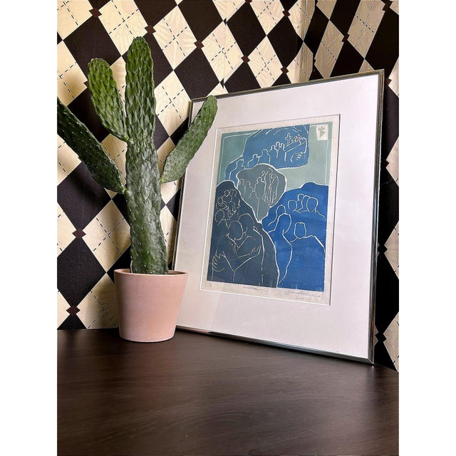 Figurative Signed Modernist Figurative Expressionist Relief Imp. Print in Blue & Green, Numbered 1/5 by Lorraine Kreimeyer For Sale - Image 3 of 9