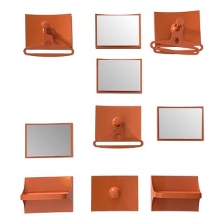 German Orange Plastic Wall Cabinet with 4 Mirrors, Coat Racks & Shelves, 1960s, Set of 14 For Sale