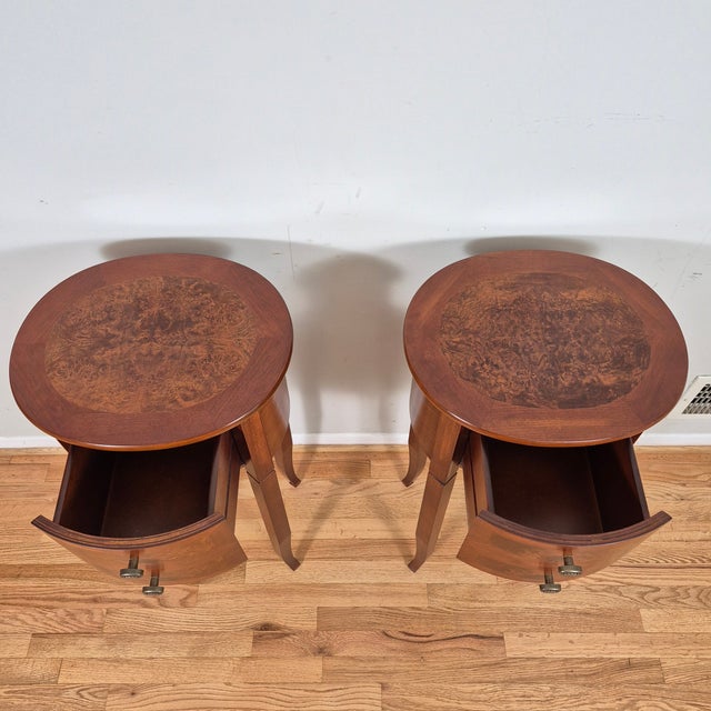 Wood 2000s Petite Oval Cherry & Burl Wood Inlay Traditional Side Tables Nightstands W/ Single Drawers, a Pair For Sale - Image 7 of 12