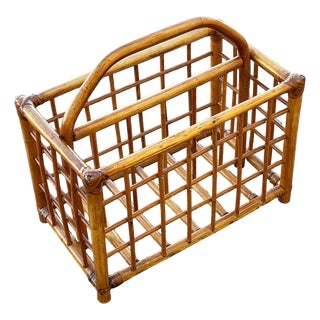 Restored Mid 20th Century Geometric Reed Rattan Pattern Rattan Magazine Rack For Sale