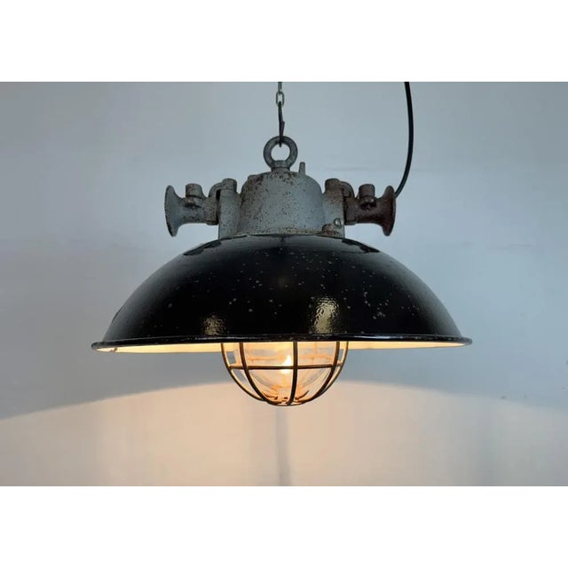 Industrial Black Enamel and Cast Iron Cage Pendant Light from Elektrosvit, 1960s For Sale - Image 15 of 17