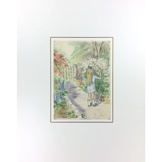 Softly-colored drawing of a young girl in a garden surrounded by flowers. 1960s. Original artwork on paper displayed on a...