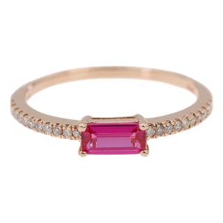 14k 585 Solid Rose Gold Pink Baguette Cut Stone and Natural Diamond Ring, Size 6 For Sale