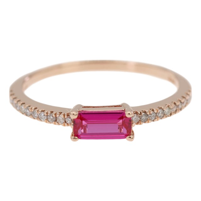 14k 585 Solid Rose Gold Pink Baguette Cut Stone and Natural Diamond Ring, Size 6 For Sale