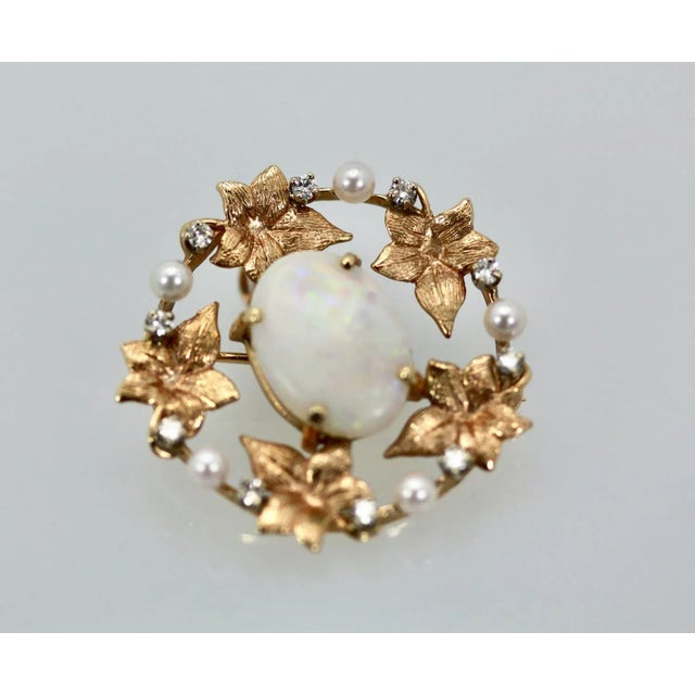 1960s Opal Laurel Leaf 14k Brooch Pendant For Sale In Los Angeles - Image 6 of 8