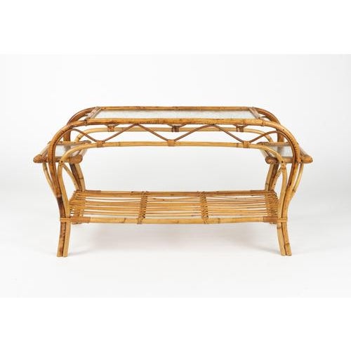 Midcentury beautiful rectangular side table in bamboo, rattan frosted glass with three levels. Made in Italy in the 1970s.