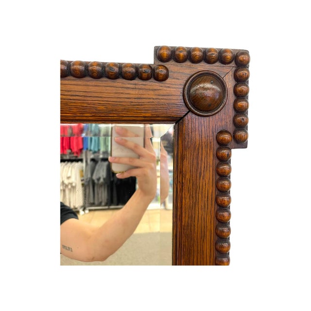 Wood Antique Bobbin Turned Oak Wall Mirror – Arts and Crafts Style Spool Beaded Wood Frame With Beveled Glass For Sale - Image 7 of 10