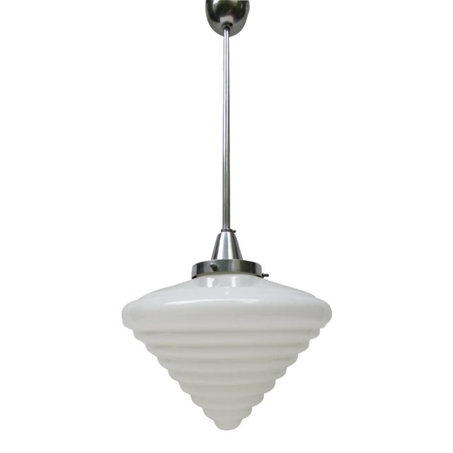 Vintage Art Deco Aluminum & Opaline Glass Pendant For Sale