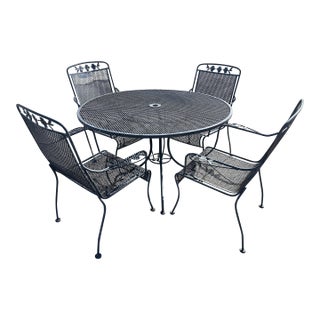 Vintage Russell Woodard Wrought Iron Patio Set Table & 4 Chairs, Attributed For Sale