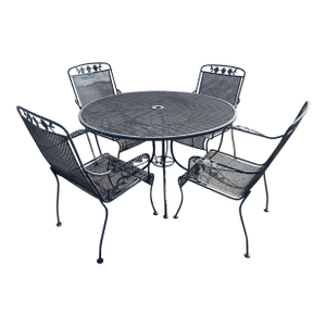 Vintage Russell Woodard Wrought Iron Patio Set Table & 4 Chairs, Attributed