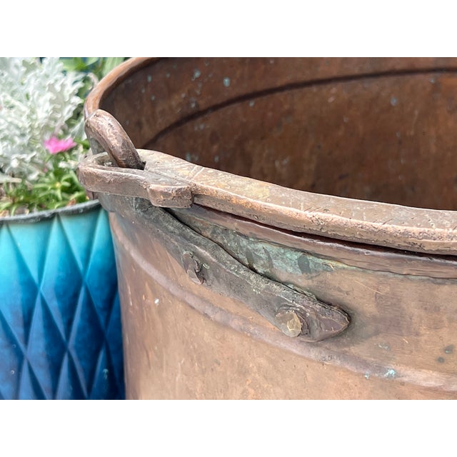 Huge Antique Copper Cauldron: Hand Forged Firewood Bucket 19" With Hand Etched Riveted Handle Green Patina Damage For Sale - Image 4 of 14