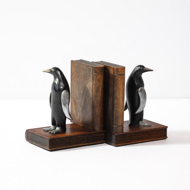 Pair of Art Deco Walnut, Black Enamel & Brass Sculptural Penguin Bookends For Sale - Image 10 of 12