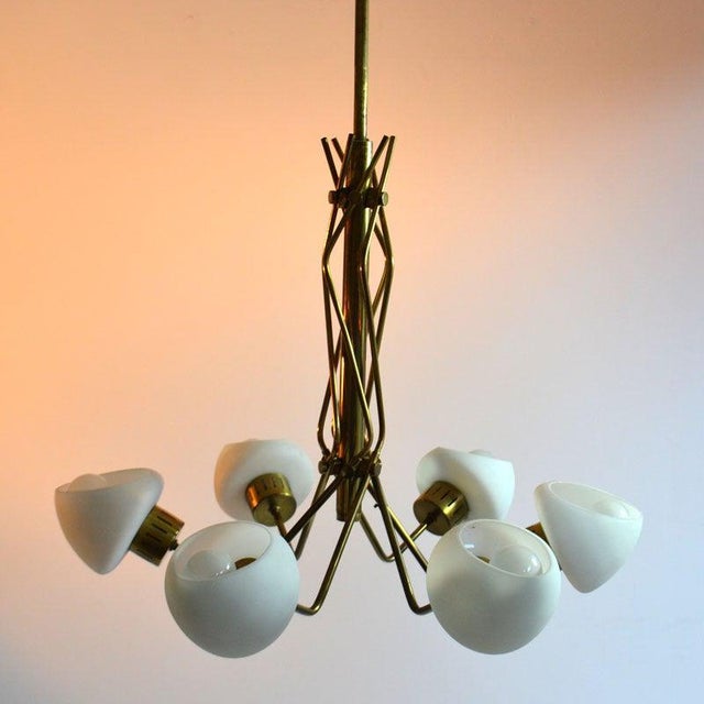 Opaline and Brass Italian Chandelier in the style of Stilnovo, 1950s For Sale - Image 9 of 14