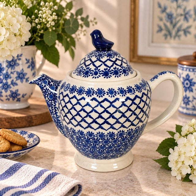 Handmade Bolesławiec Polish pottery teapot featuring a striking cobalt blue and creamy white palette with traditional...
