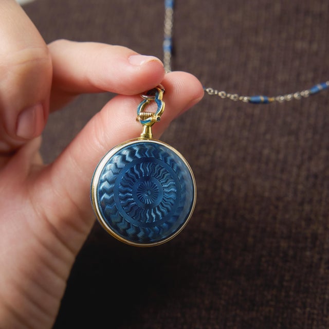 Metal Antique Tiffany & Co. 18k Yellow Gold Guilloche Pocket Watch Pendant Necklace For Sale - Image 7 of 8