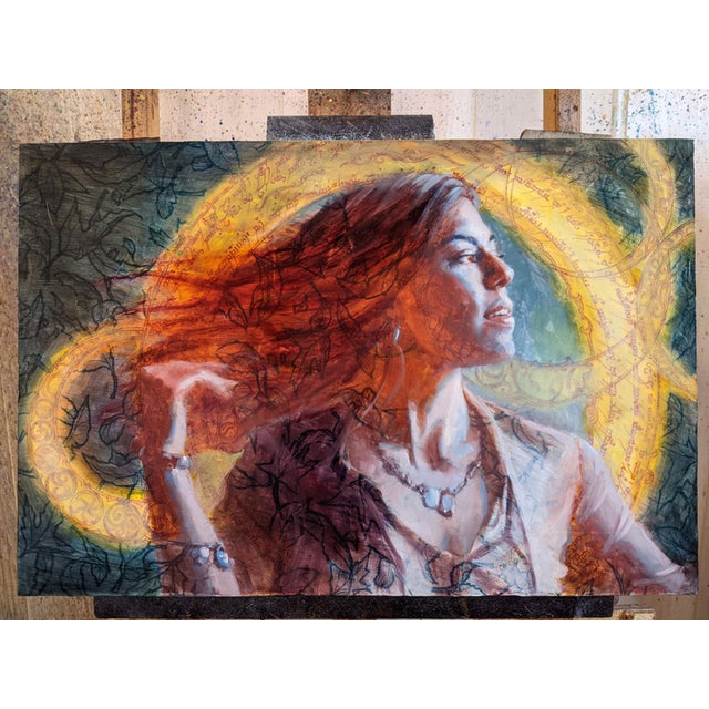 Conjuring by Christopher Clark | Mixed media on wood panel woman with flowing hair and glowing background For Sale - Image 4 of 5