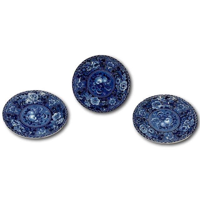 Ceramic Stunning & Rare Antique Original Set of 3 Dark Flow Blue English Staffordshire 10 Inch Dinner Plates Circa 1830s For Sale - Image 7 of 18