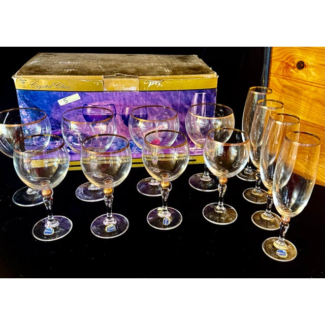 Glass 1980s Bohemian Crystal With 24k Gold Trim Stemware Set - Set of 13 For Sale - Image 7 of 12