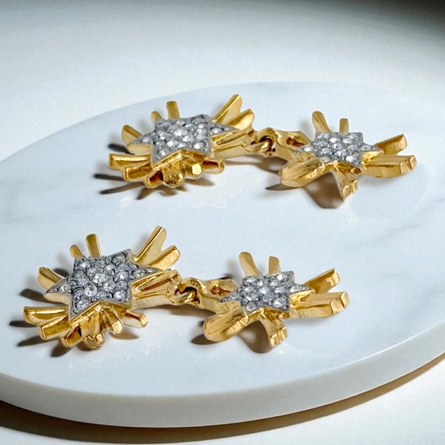 Contemporary Kenneth Jay Lane Designer Gold Swarovski Crystal Starburst Drop Post Earrings, A Pair For Sale - Image 3 of 11