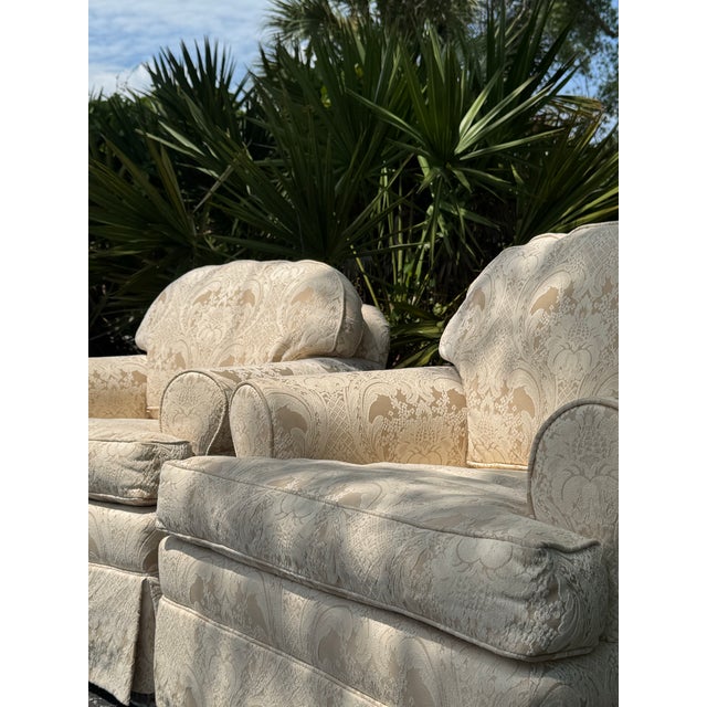 Mid-Century Modern Pair of Vintage Ethan Allen White Damask Upholstered Accent Chairs For Sale - Image 3 of 8