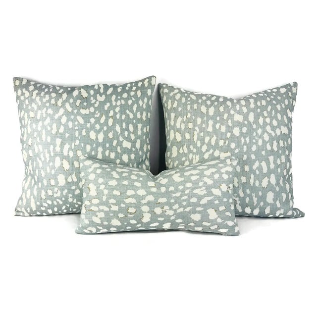 2020s Jan Showers for Kravet Lynx Dot in Ciel Pillow Cover - Rectangle Lumbar - Light Blue With Cream Animal Spot Linen Print Cushion Case For Sale - Image 5 of 5