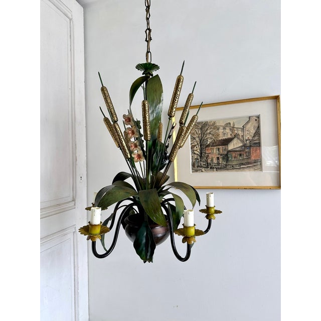 French Country Tole Botanical Five-Light Chandelier with Cattails and Flowers, 1960s For Sale - Image 6 of 17