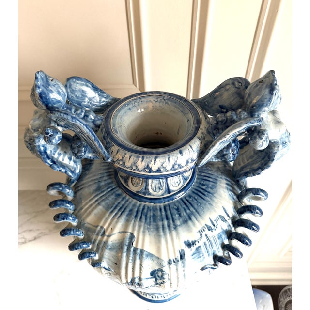 Italian Large Vintage Cantagalli Italian Majolica Blue White Delft Style Pottery Vase Jar or Urn Serpent Handles 23"h For Sale - Image 3 of 18