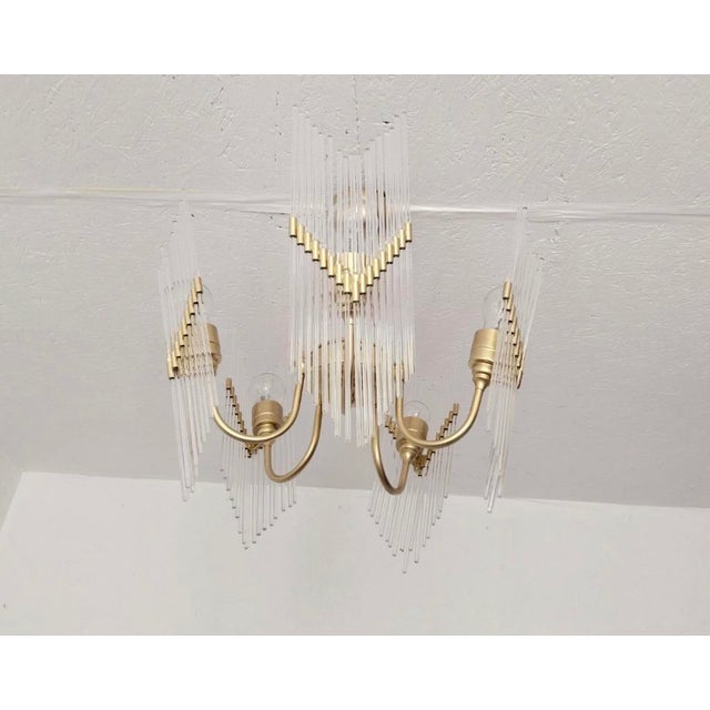 Rare 1970s Brass & Glass Rod Chandelier | 5-Light Vintage Fixture | Restored Mid Century Lighting For Sale - Image 11 of 14