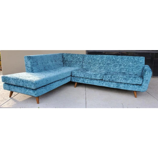 Mid-Century Modern 1990s Low Slung Style Sectional Tapered Legs Aqua Green Crushed Velvet Upholstery - Set of 2 For Sale - Image 3 of 12