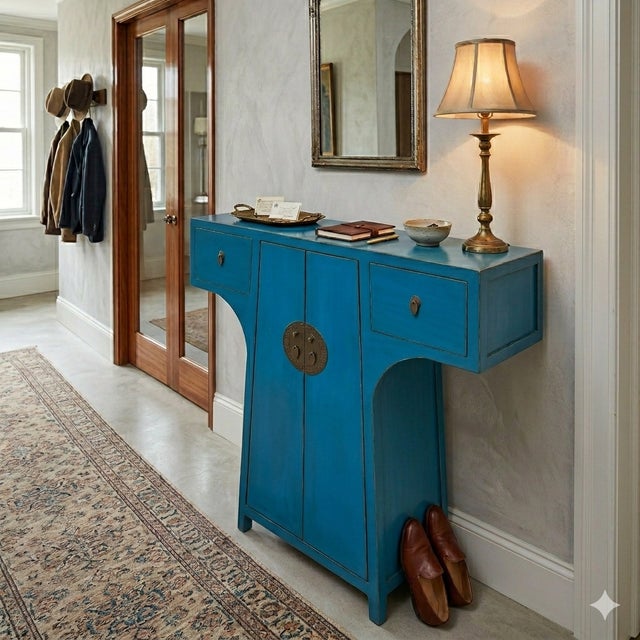 Wood Chinese Moon Face T-Shape Benitoite Blue Drawers Side Table Cabinet For Sale - Image 7 of 9