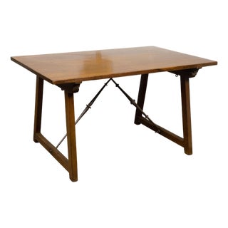 French 19th Century Walnut Console Table with Trestle Base and Iron Stretchers For Sale