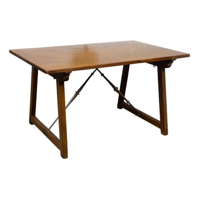 French 19th Century Walnut Console Table with Trestle Base and Iron Stretchers For Sale