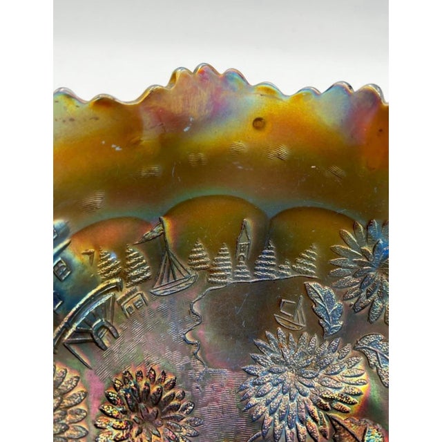 Vintage Fenton Blue Carnival Glass Chrysanthemum & Windmills 3-Footed Bowl For Sale - Image 9 of 11