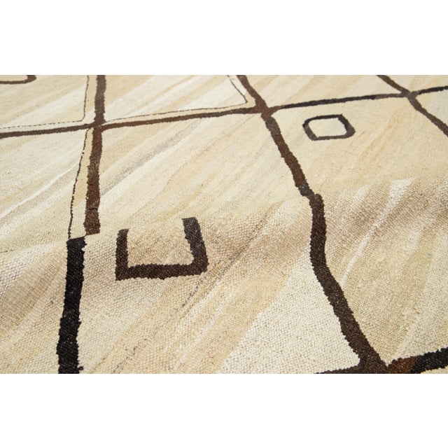 Beige Modern Turkish Kilim Wool Rug Flat-Weave With Geometric Brown Pattern For Sale - Image 9 of 9