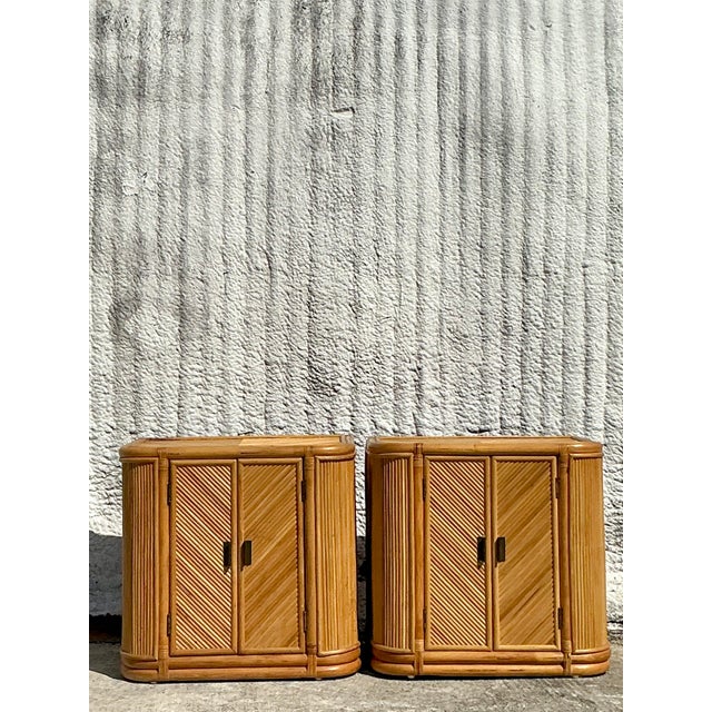 Boho Chic Vintage Boho Chevron Pencil Reed Nightstands - A Pair For Sale - Image 3 of 12