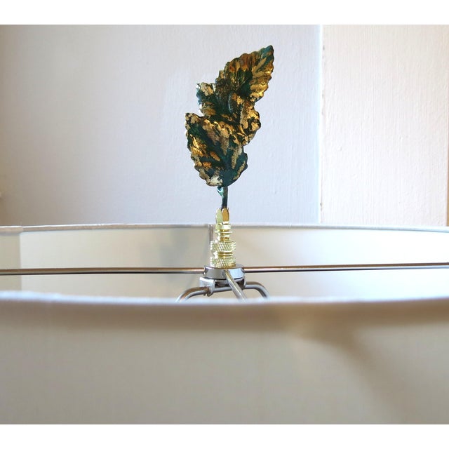 Ornamental & Decorative Materials Pair of Vintage Italian Tole Leaf Finials, Gold Leaf Emerald Green Brass Base For Sale - Image 7 of 7