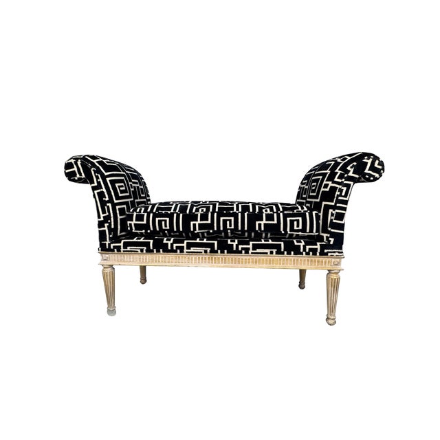 1940s Louis XVI Style Curved Arm Benches in a Geometric Black and White Fabric For Sale - Image 9 of 10