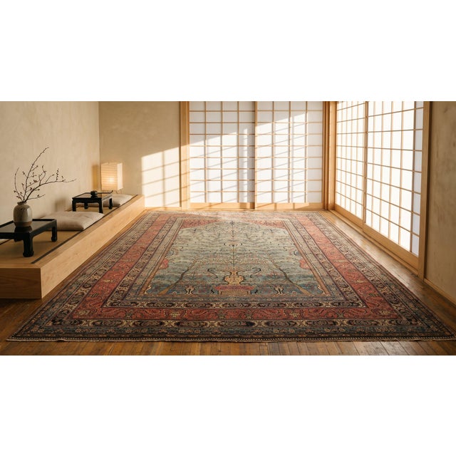 Beautiful Sky Blue and Blue Color With Unique Foliate Pattern Antique Tahran Rug For Sale - Image 9 of 10