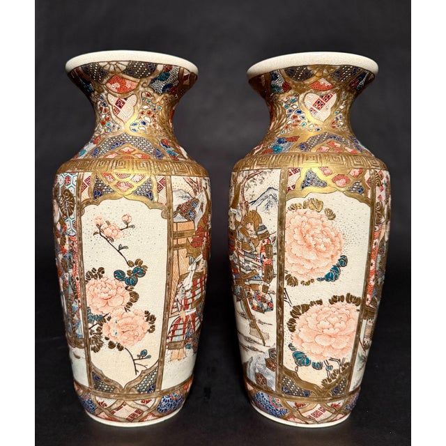 Find pair of Meiji period Japanese Satsuma 4 panel vases. Each vase featuring one panel with scholars and one panel with...